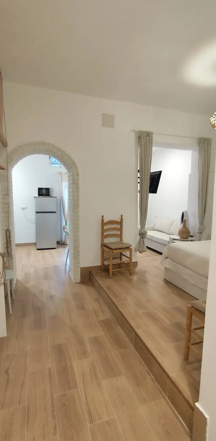 Vista general del salón y dormitorio bajo el arco